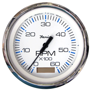 FARIA CHESAPEAKE WHITE SS 4" TACHOMETER HOURMETER 6000 RPM